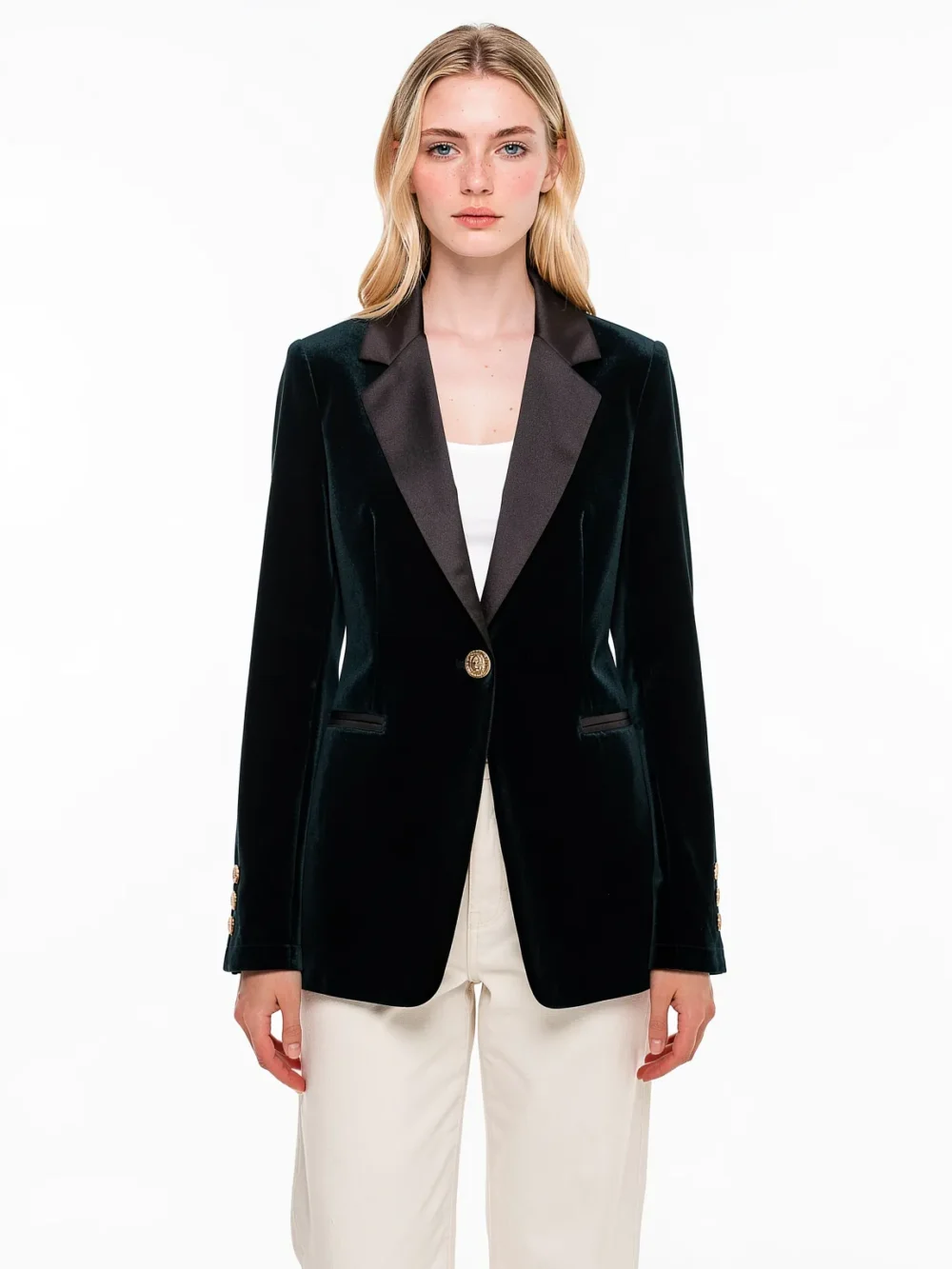 Emerald Velvet Tailored Blazer - Model Look Emerald green velvet blazer with satin lapels on model
