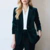 Emerald green velvet blazer women's outfit, tailored single button blazer