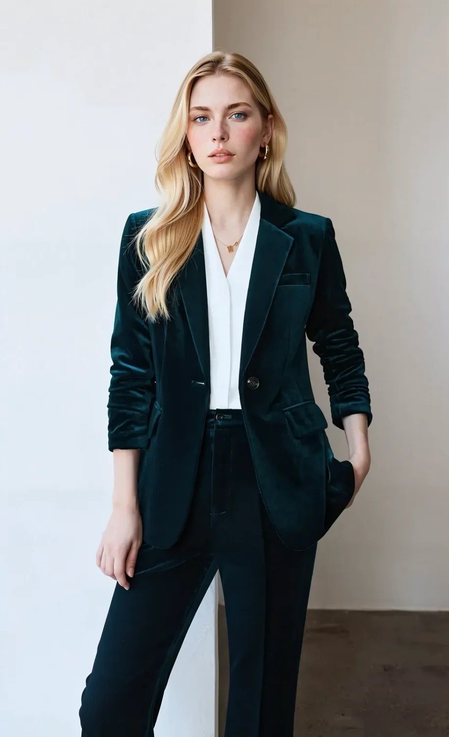 Emerald green velvet blazer women's outfit, tailored single button blazer
