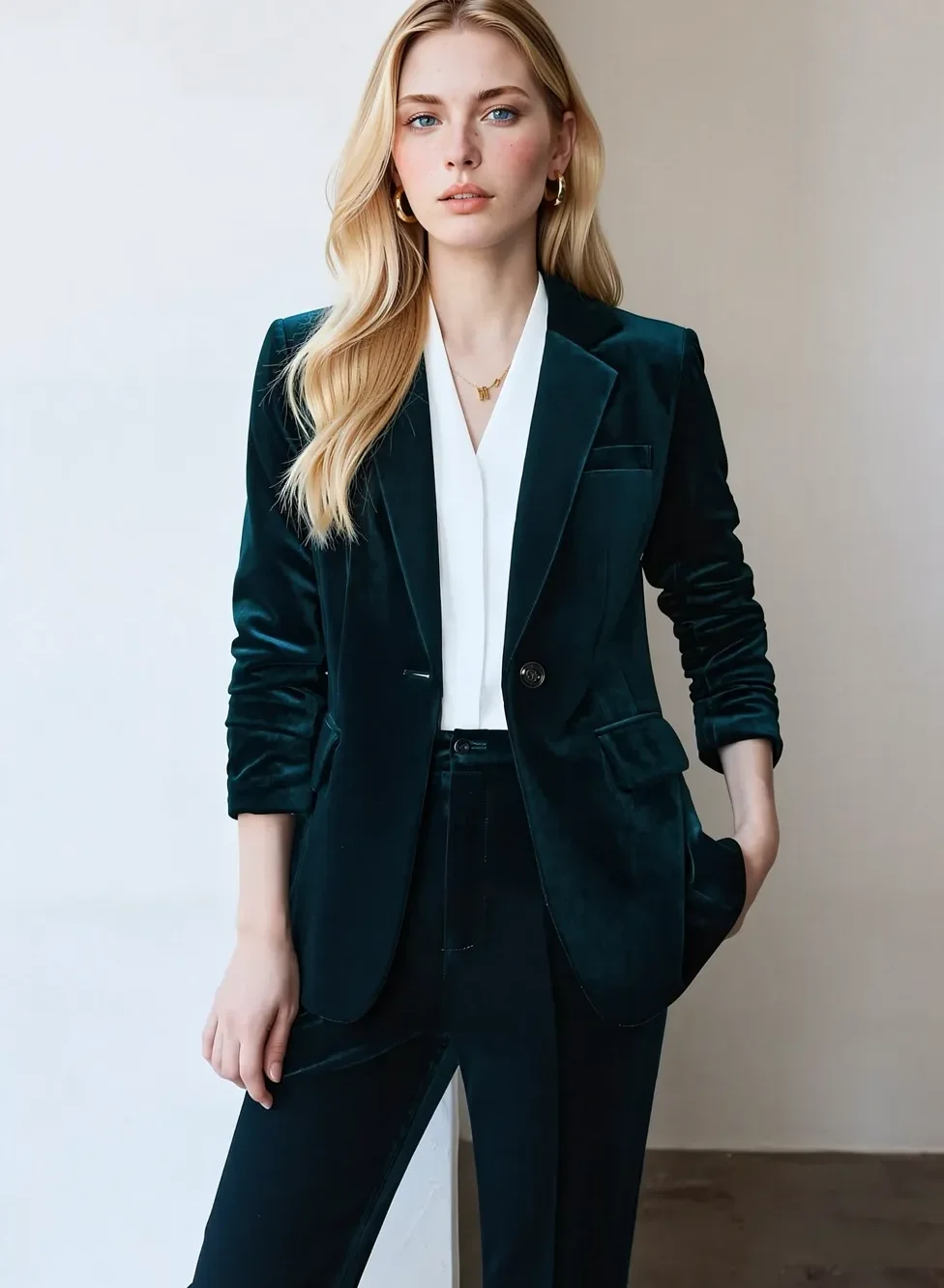 Emerald Velvet Tailored Blazer - Outfit Look Emerald green velvet blazer women's outfit, tailored single button blazer