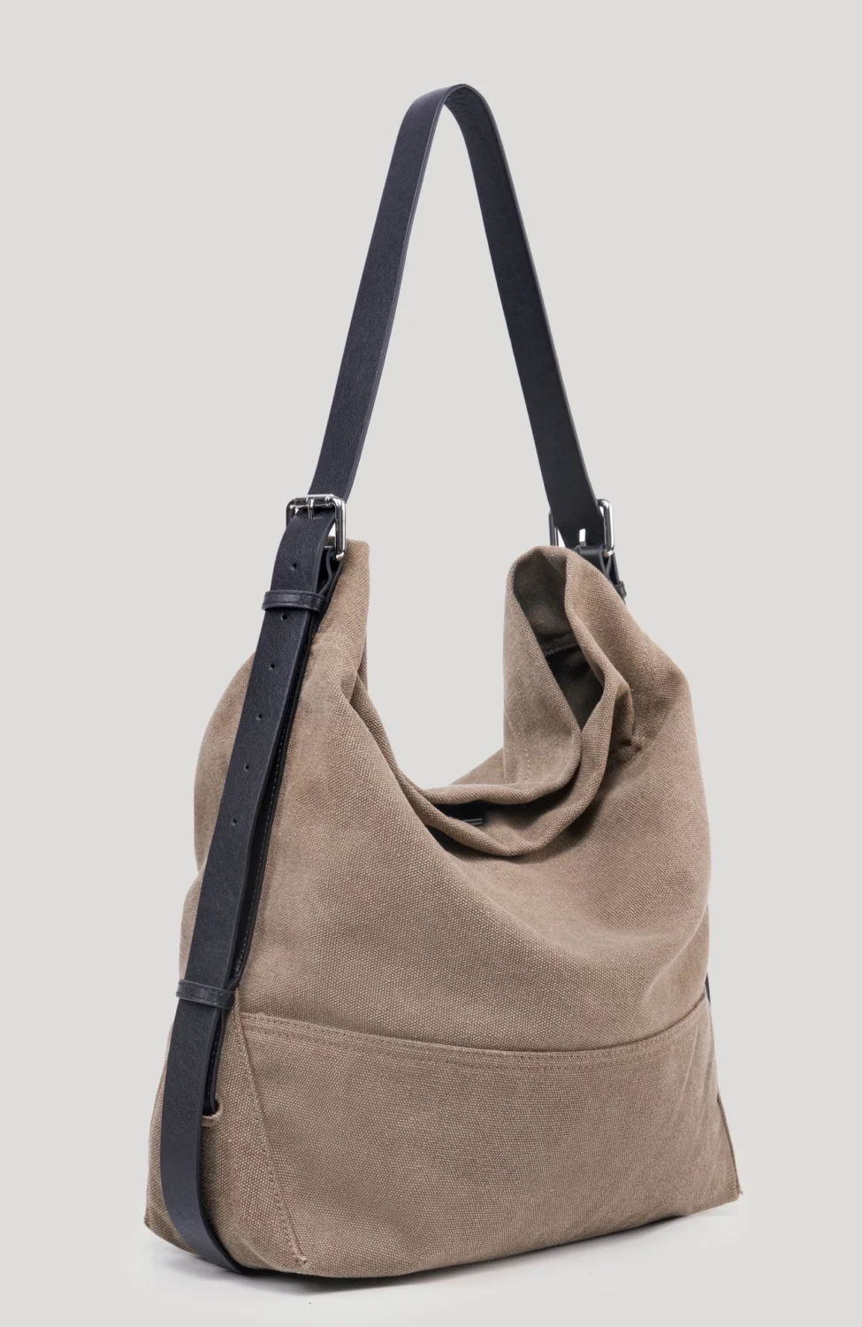 Washed canvas hobo shoulder bag with adjustable black leather strap, minimalist vintage daily handbag