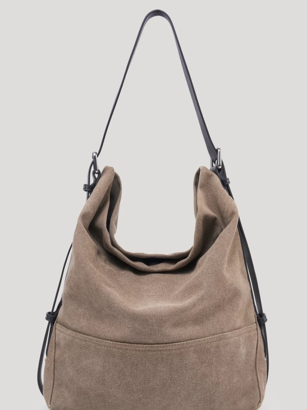 Washed canvas hobo shoulder bag with adjustable black leather strap, minimalist vintage daily handbag