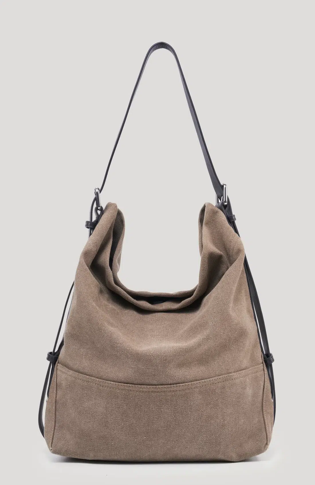 Washed canvas hobo shoulder bag with adjustable black leather strap, minimalist vintage daily handbag