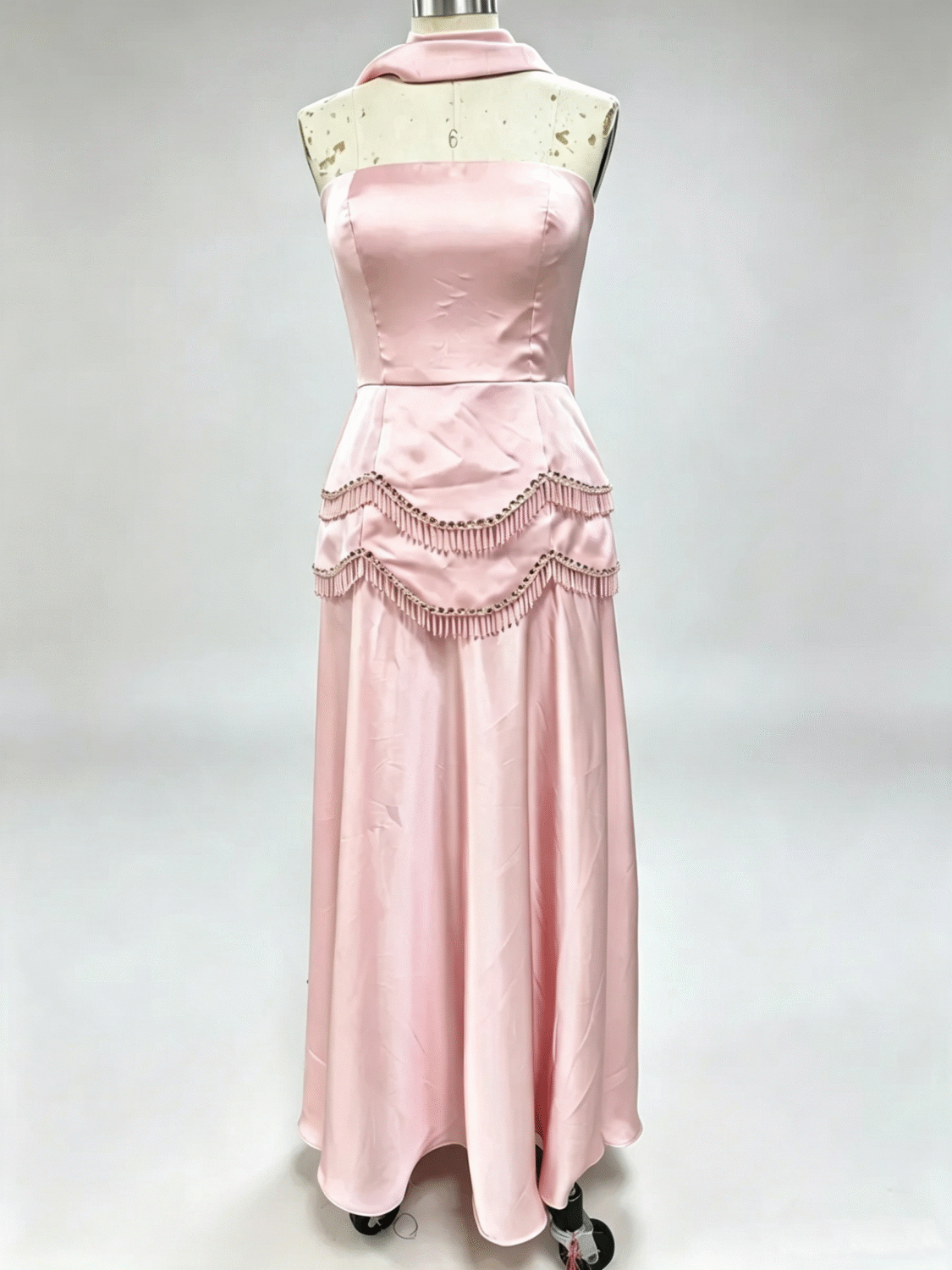 Blush pink satin evening dress, mannequin front view