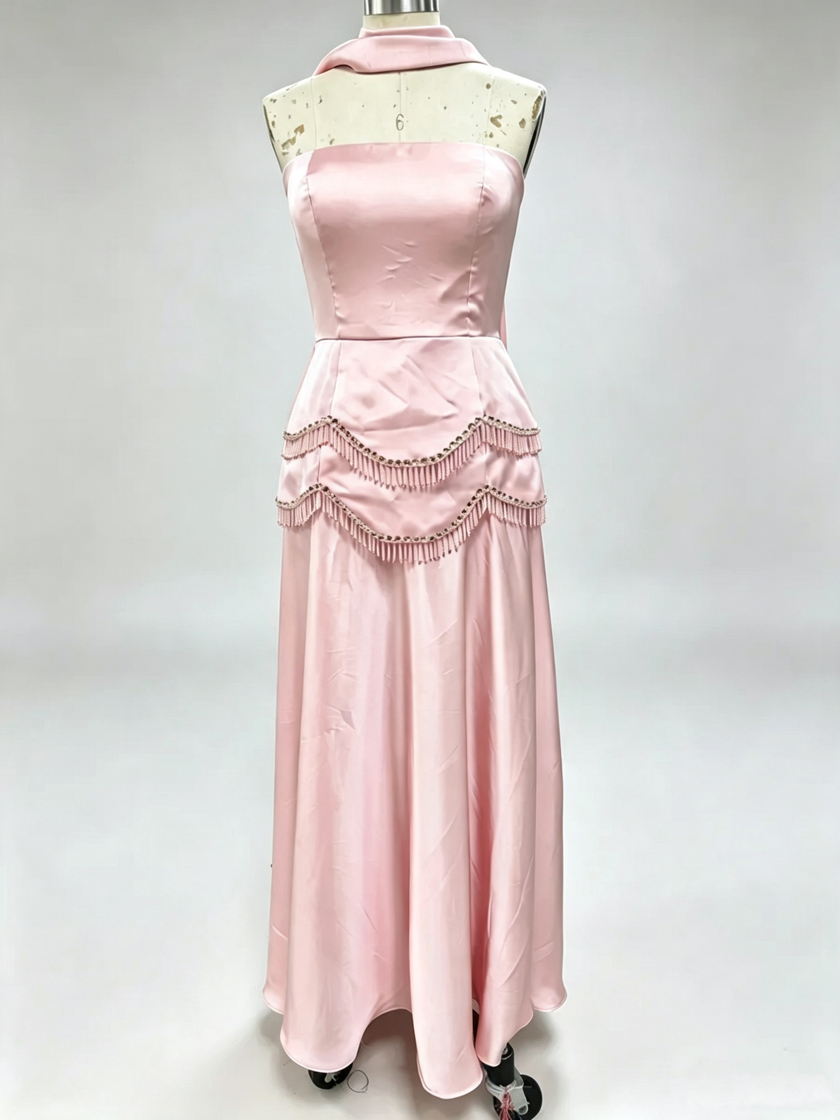 Blush pink satin evening dress, mannequin front view