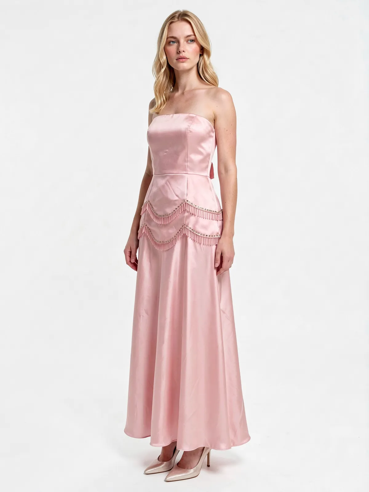 Blush Pink Satin Two-Piece Long Gown - Model wearing dress (自然微侧)