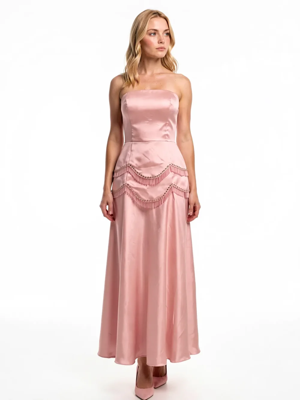 Blush Pink Satin Two-Piece Long Gown - Model wearing 自然正面 pose in AI-generated fashion try-on photography, white studio background