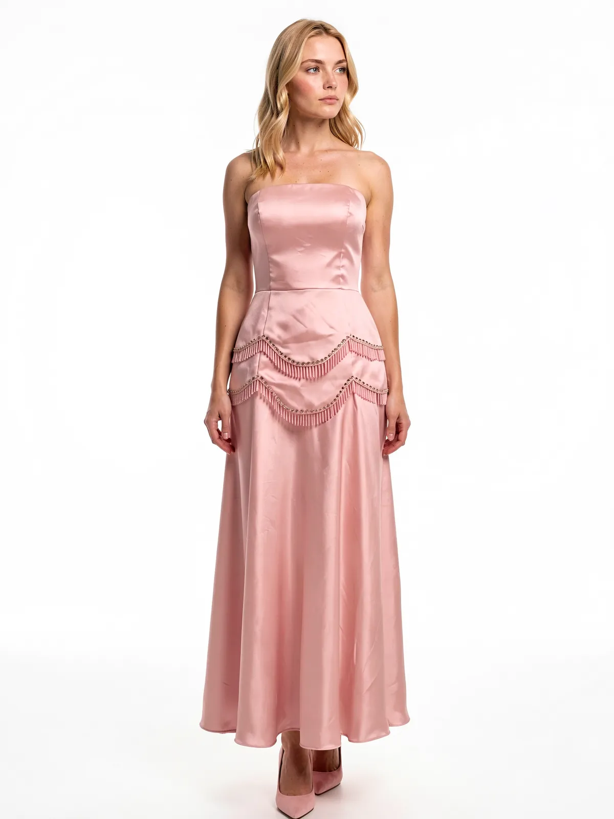Blush Pink Satin Two-Piece Long Gown - Model wearing dress (自然正面)