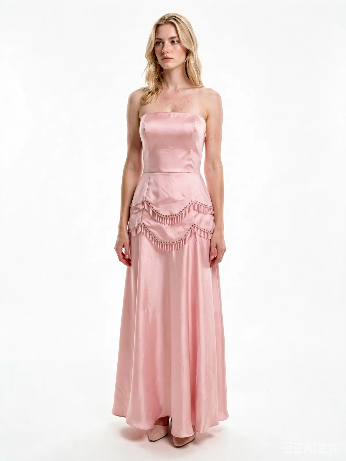 Blush Pink Satin Two-Piece Long Gown - Model wearing dress (自然正面)