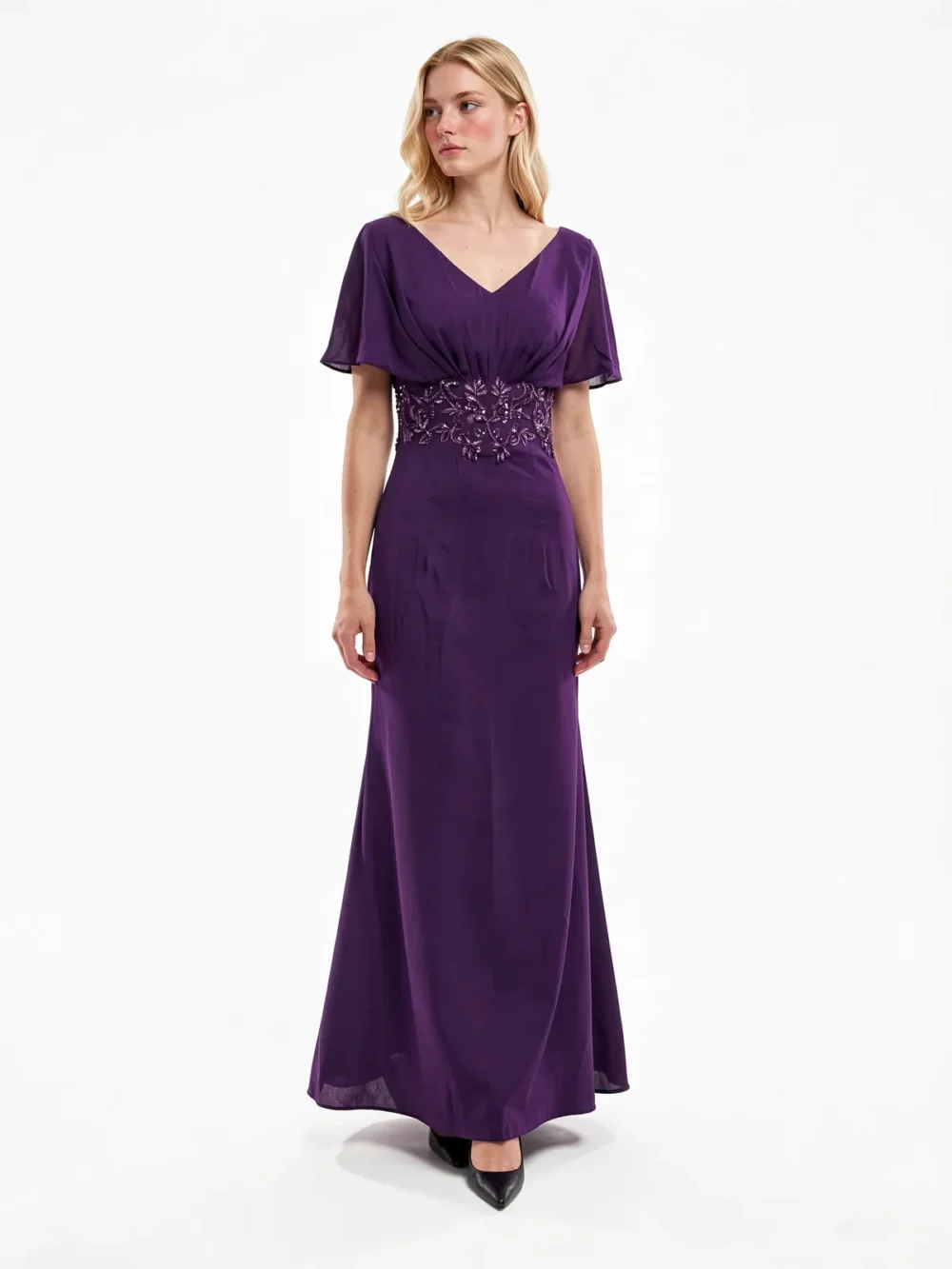 Deep Purple Beaded Mermaid Evening Gown - Model wearing 自然正面 pose in AI-generated fashion try-on photography, white studio background