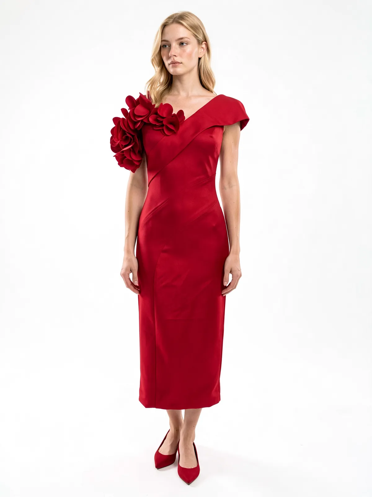 Red Floral One-Shoulder Midi Party Dress - Model wearing dress (自然正面)