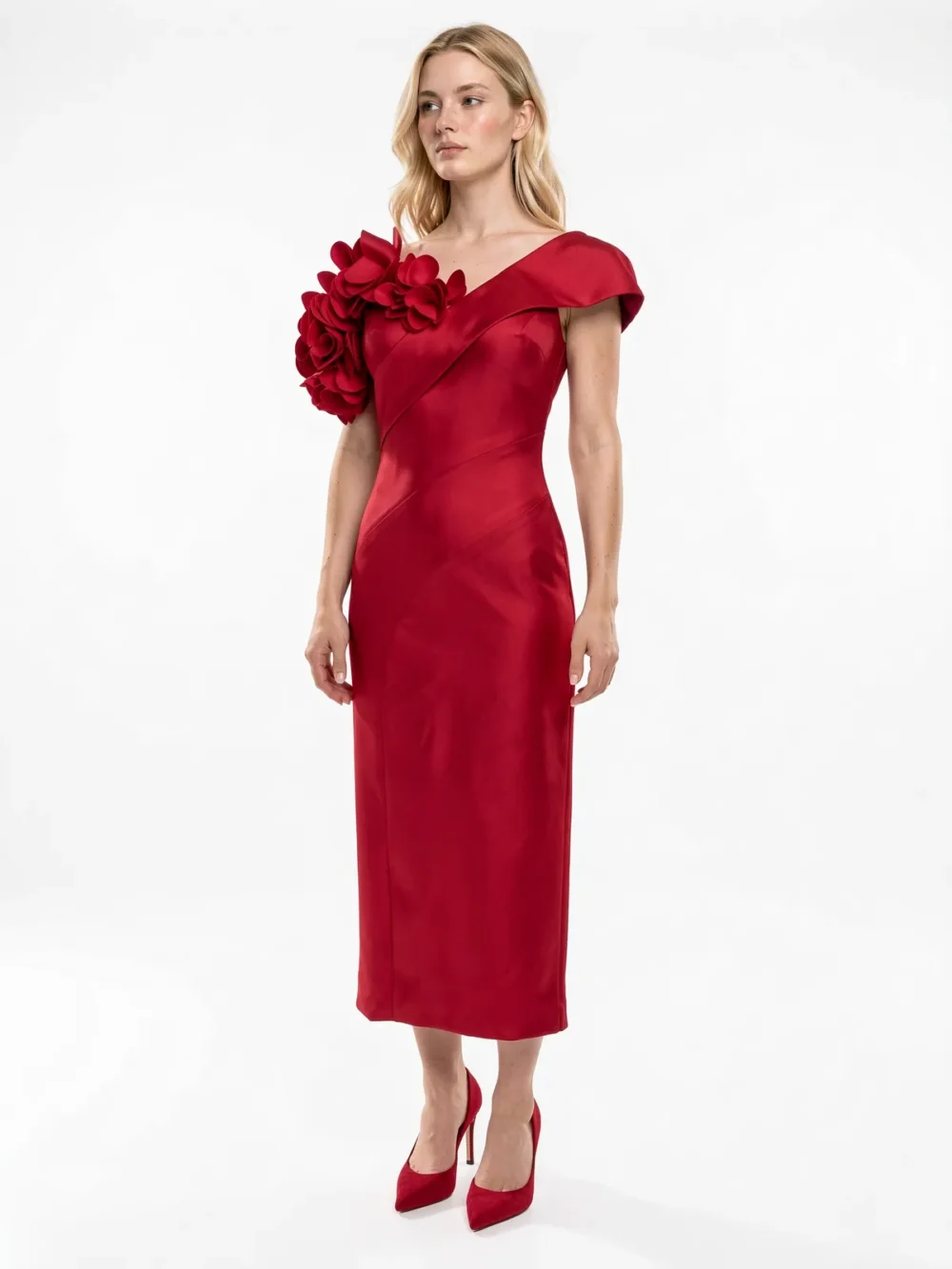 Red Floral One-Shoulder Midi Party Dress - Model wearing 自然正面 pose in AI-generated fashion try-on photography, white studio background