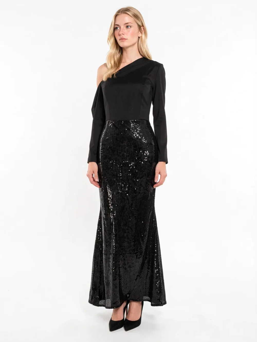 Black Sequin One-Shoulder Mermaid Gown - Model wearing 自然正面 pose in AI-generated fashion try-on photography, white studio background