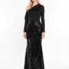 Black Sequin One-Shoulder Mermaid Gown - Model wearing 自然正面 pose in AI-generated fashion try-on photography, white studio background