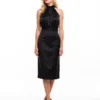 Halter Open-Back Black Fitted Midi Dress front view on model