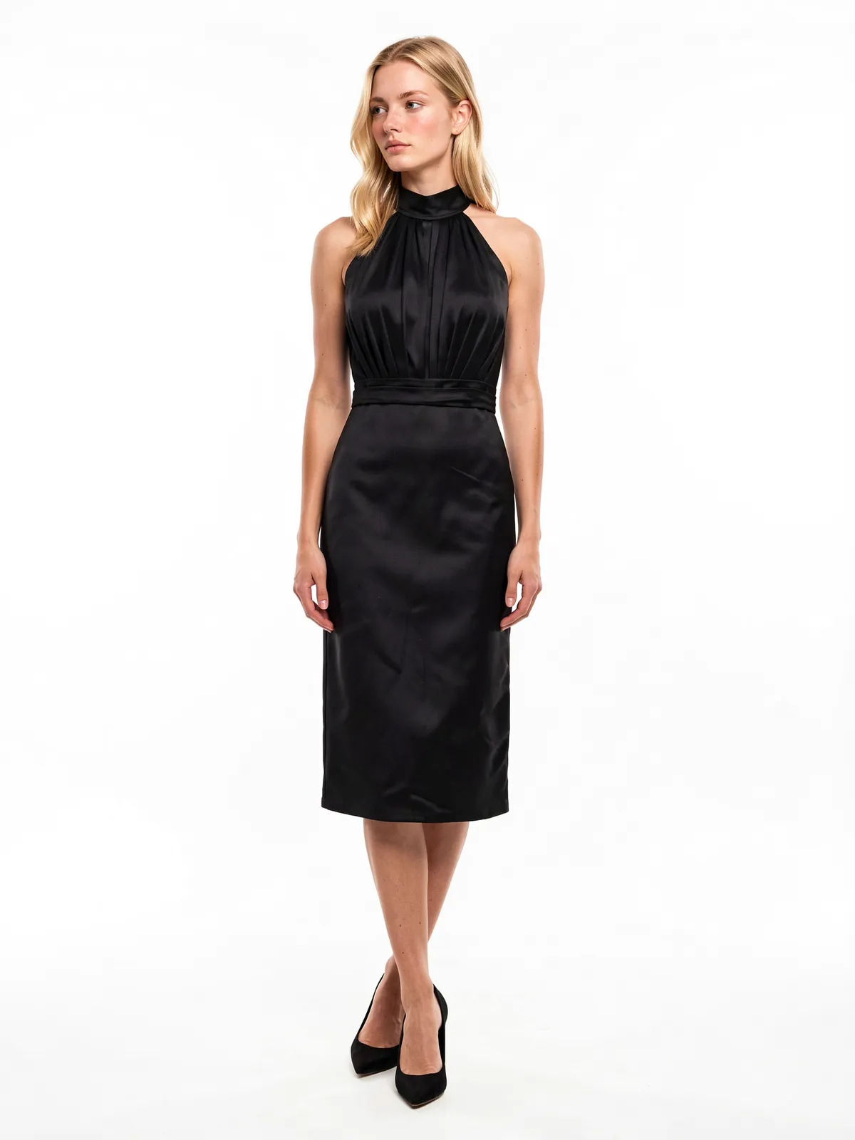 Halter Open-Back Black Fitted Midi Dress front view on model