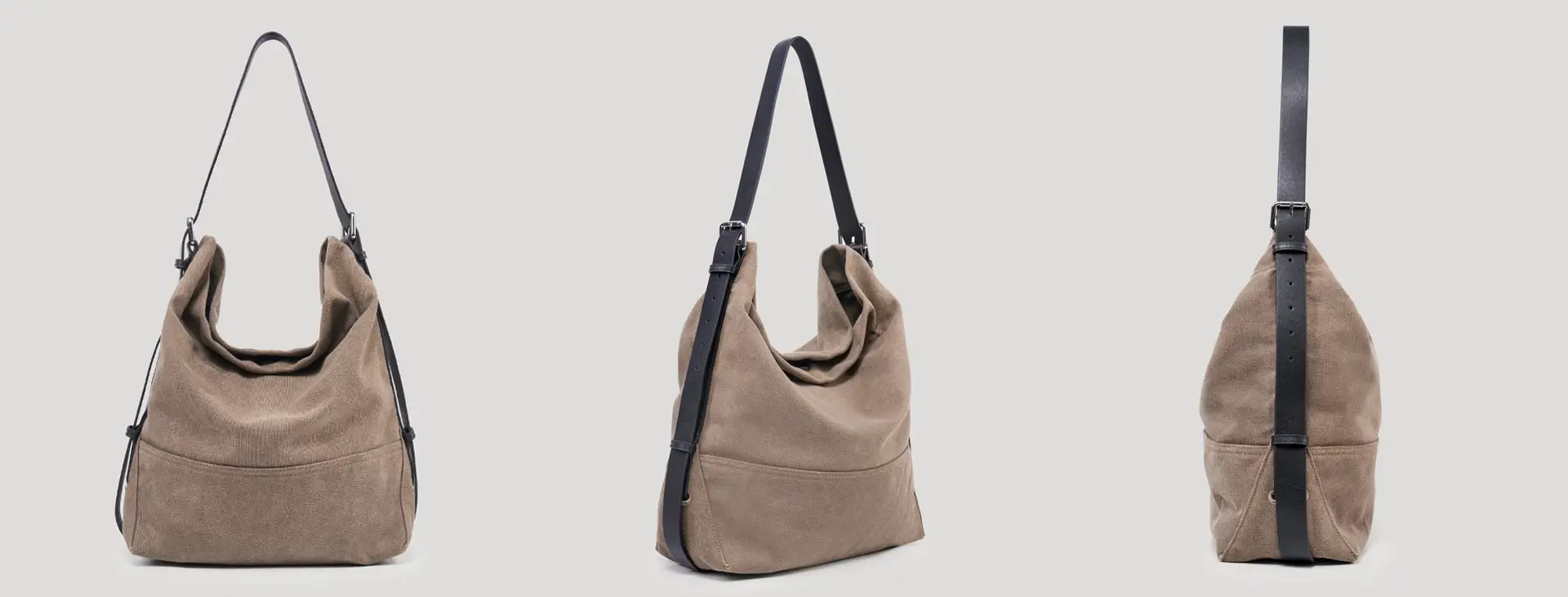 Full-width hero slider image of Vintage Washed Canvas Hobo Shoulder Bag on model, white studio background, 3Nice Clothing homepage hero banner