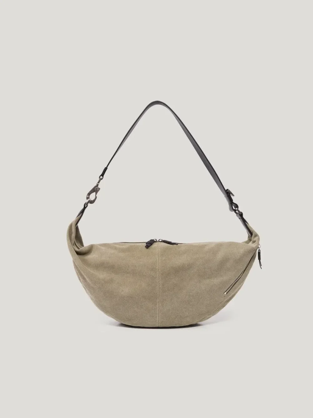 Canvas Shoulder Bag hardware detail, professional studio photography, gray background, 3:4 ratio, handmade canvas shoulder bag, 3Nice 3NiceClothing