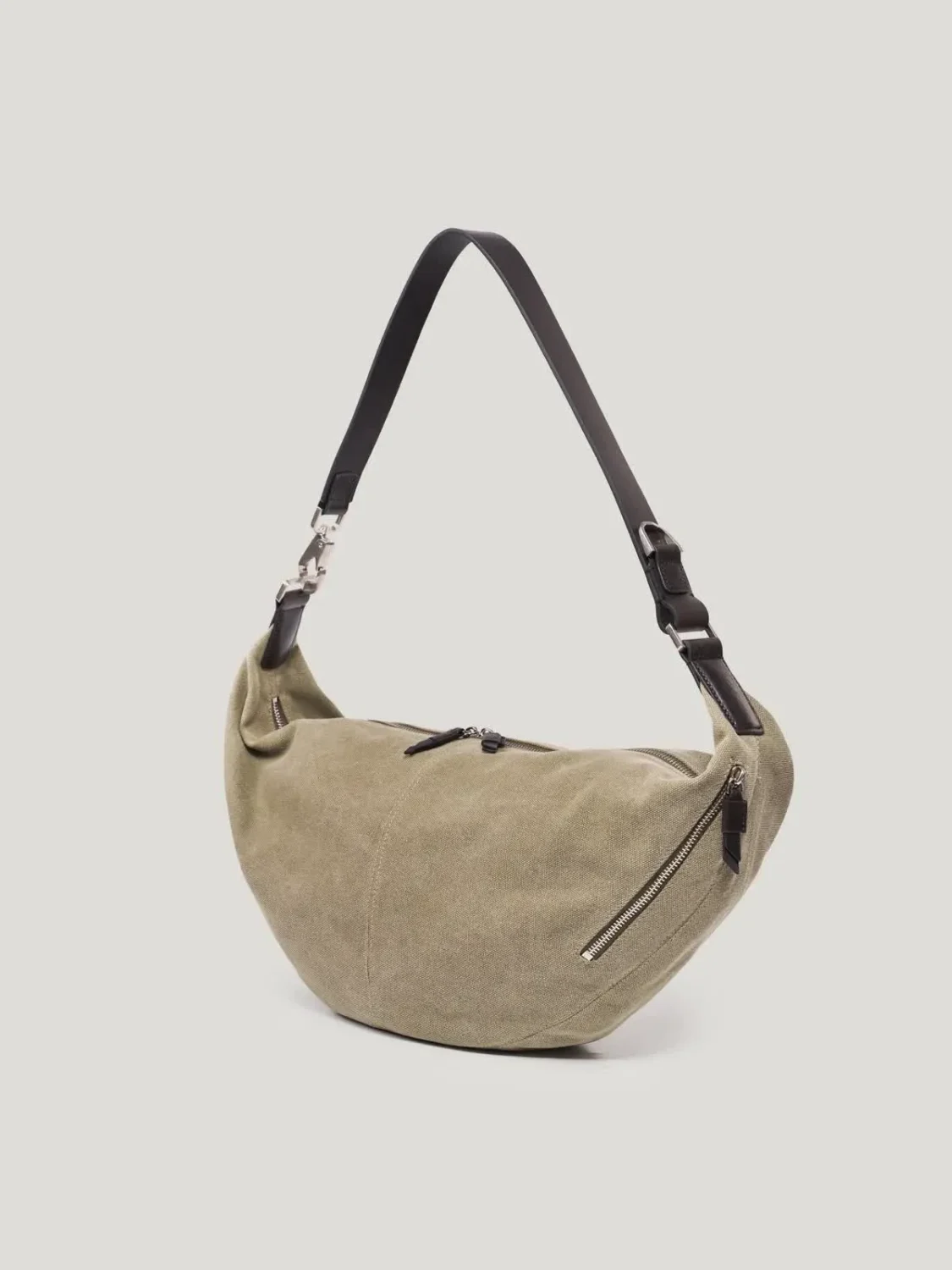 Canvas Shoulder Bag strap detail, professional studio photography, gray background, 3:4 ratio, handmade canvas shoulder bag, 3Nice 3NiceClothing