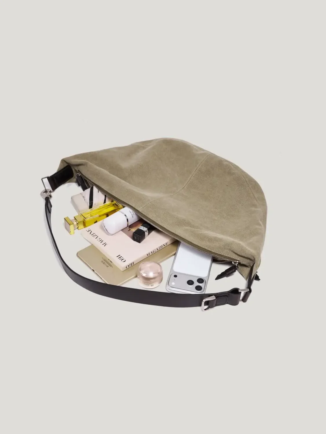Canvas Shoulder Bag full body, professional studio photography, gray background, 3:4 ratio, handmade canvas shoulder bag, 3Nice 3NiceClothing