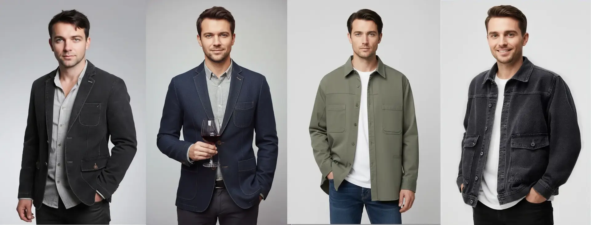 Full-width hero slider image of men's fashion collection on model, white studio background, 3Nice Clothing homepage hero banner