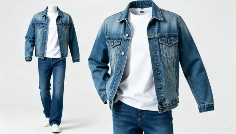 Blue denim jacket over a white t-shirt with straight-leg jeans, ghost mannequin product photography