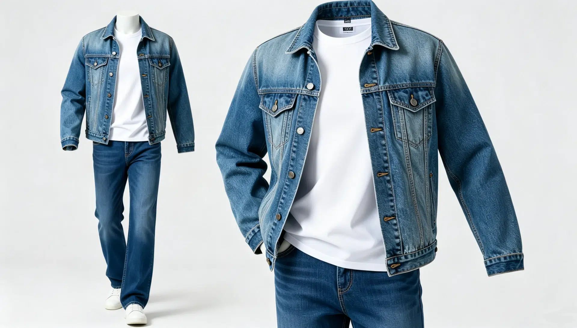 Blue denim jacket over a white t-shirt with straight-leg jeans, ghost mannequin product photography