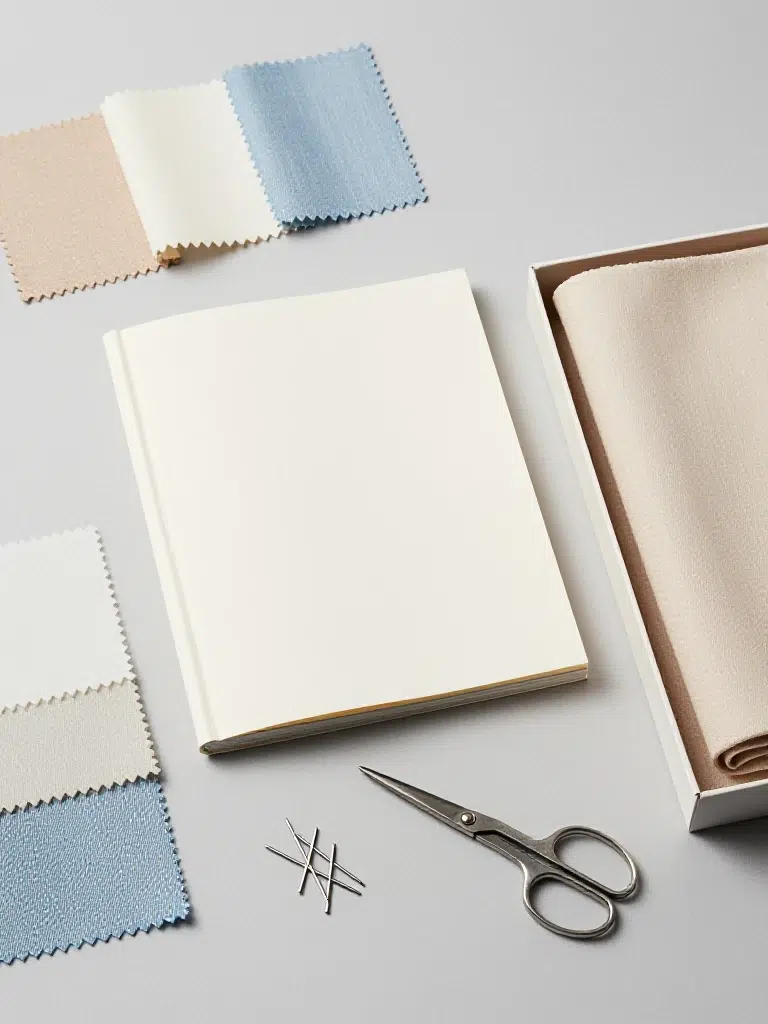 Technical spec book, fabric swatches, scissors and folded garment samples on a studio table