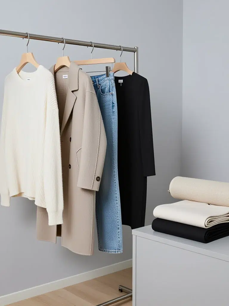 Finished garment samples hanging on a rail beside folded apparel in a 3Nice Clothing studio