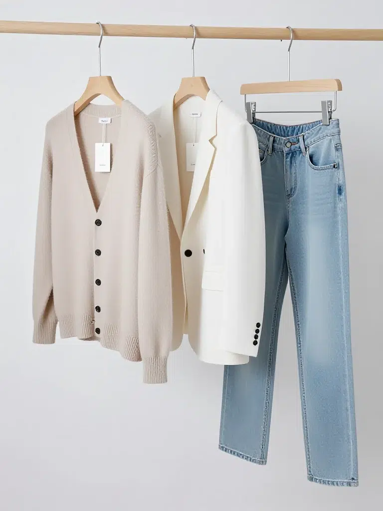 First collection samples manufactured by 3Nice Clothing: oatmeal knit cardigan, ivory blazer and light blue jeans on a studio rail