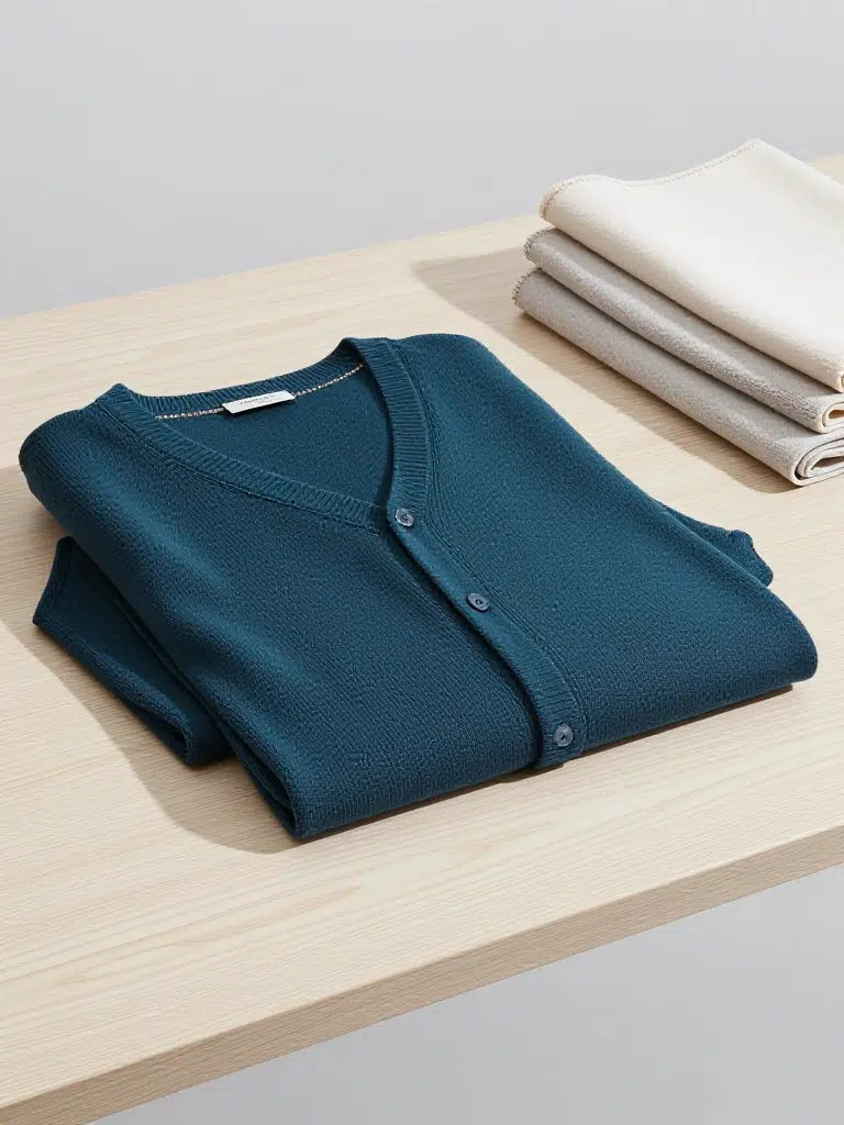 A folded knit cardigan next to a stack of fabric swatches on a light wood table