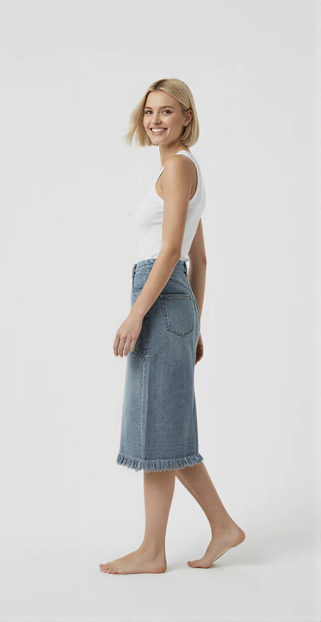 Frayed hem denim midi skirt made of denim fabric, paired with a white tank top, featuring a casual style, suitable for daily wear.