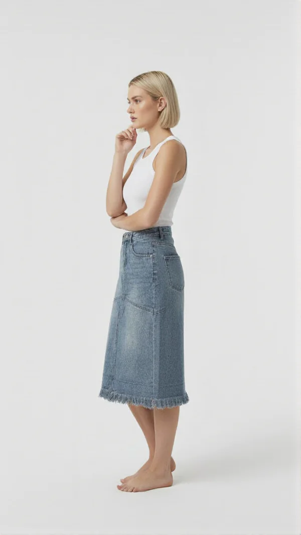 Frayed hem denim midi skirt made of denim fabric, paired with a white tank top, featuring a casual style, suitable for daily wear.