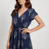 Navy blue midi dress with tree print, featuring a tiered design, V-neck, short sleeves, and an elegant natural style, suitable for daily wear or mature casual looks.