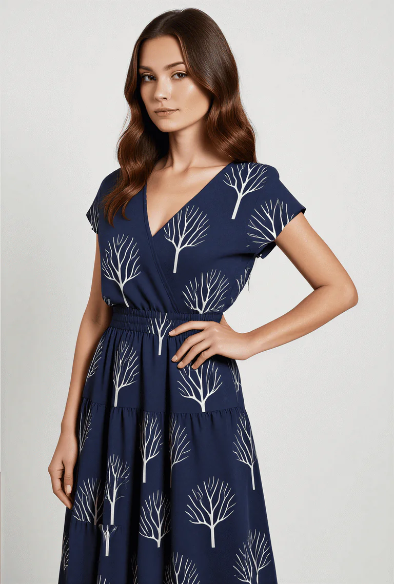 Navy blue midi dress with tree print, featuring a tiered design, V-neck, short sleeves, and an elegant natural style, suitable for daily wear or mature casual looks.