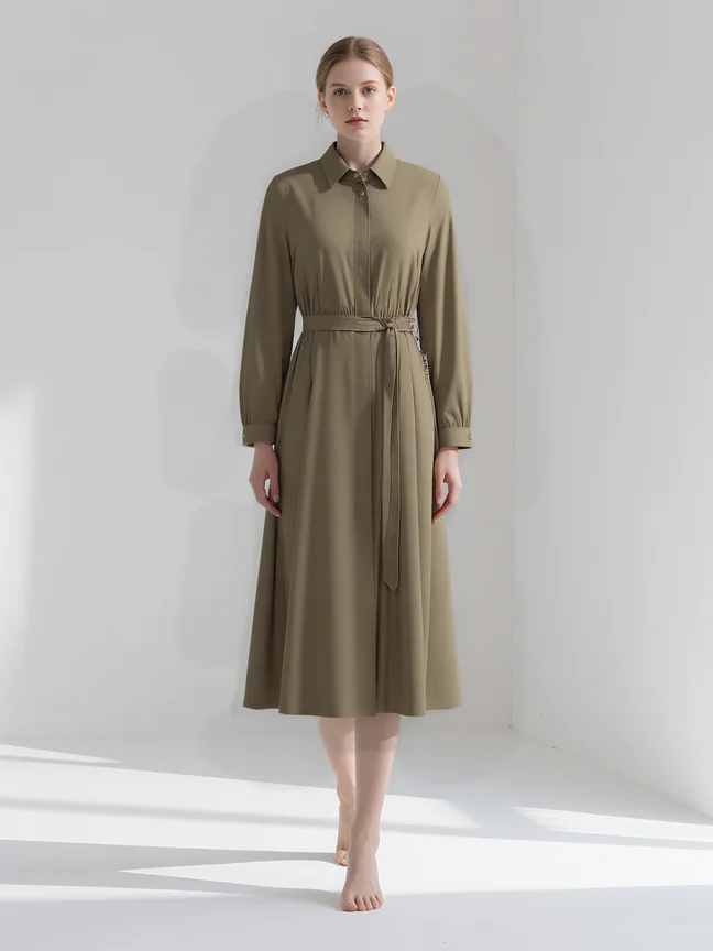 Khaki shirt dress with belt, featuring a minimalist commuting style, suitable for daily wear or office scenarios.