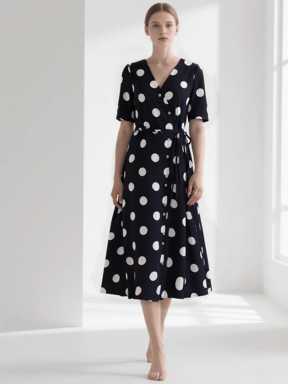 Polka Dot Wrap Midi Dress with Belt – Black & White