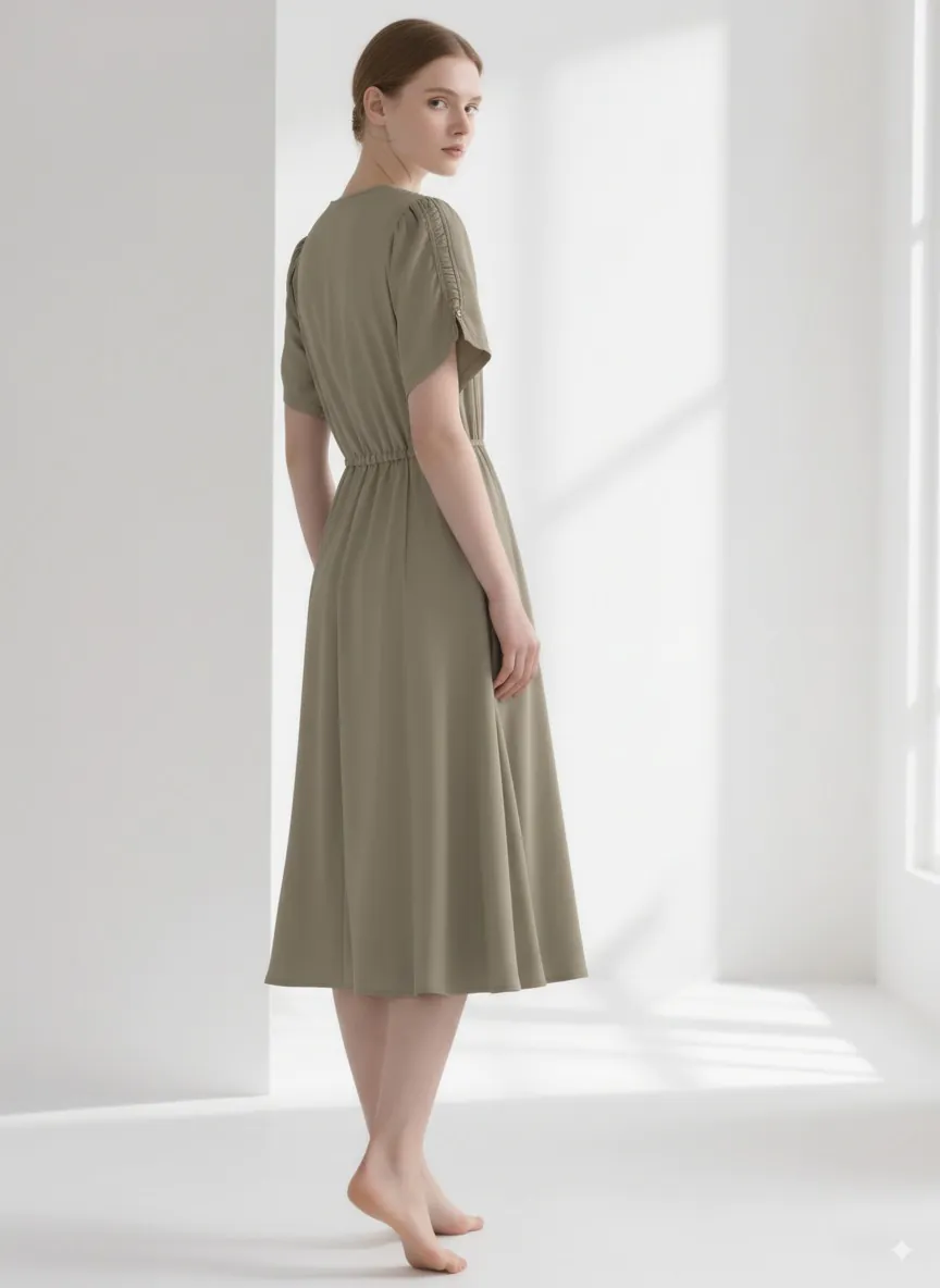 Pleated Sleeve Tie - Waist Midi Dress – Khaki