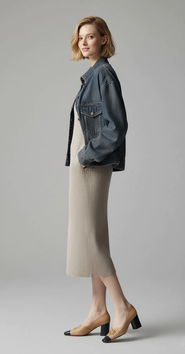 Dark wash denim jacket with casual style, suitable for daily wear (paired with a beige knit dress).