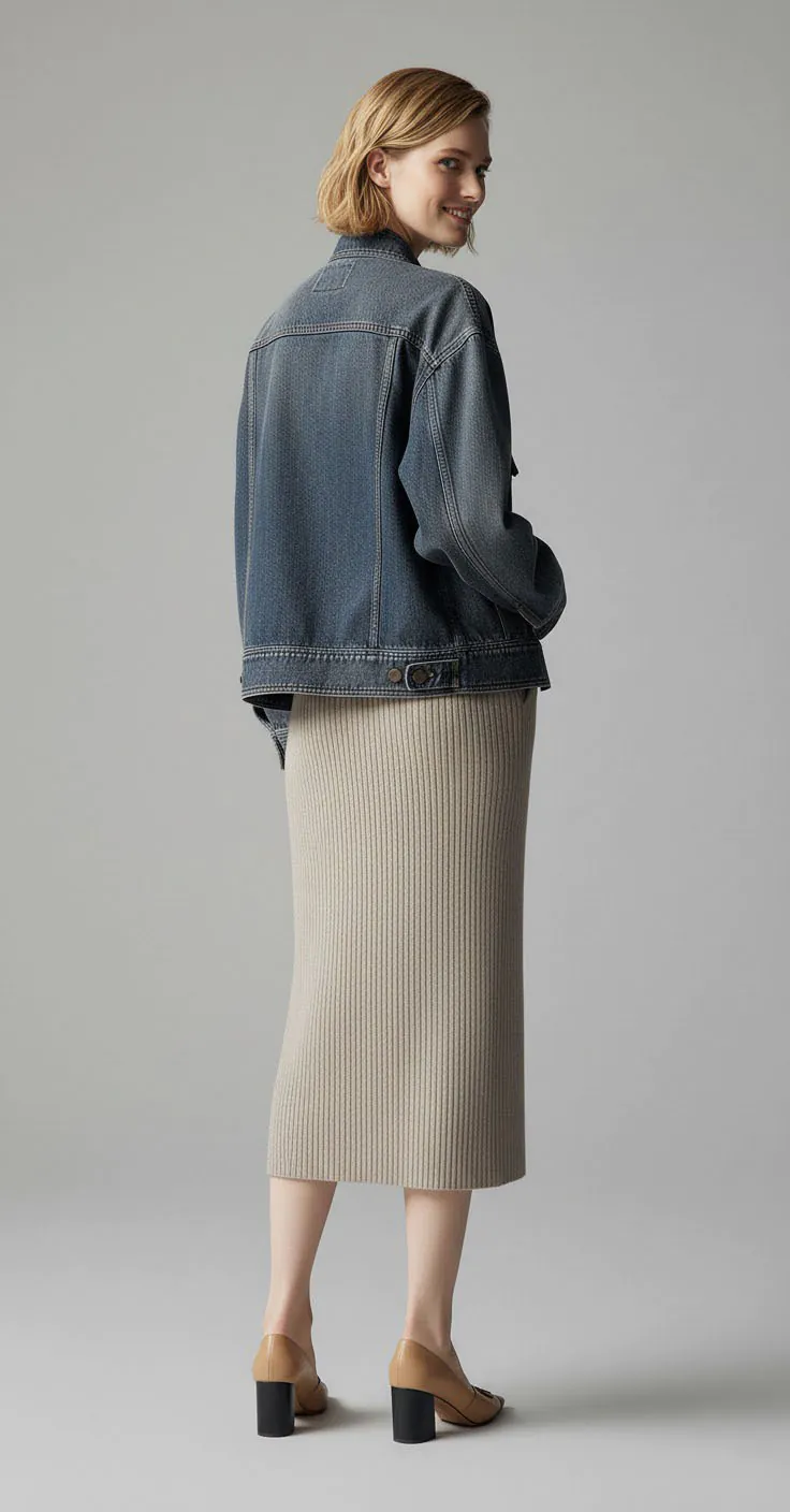Dark wash denim jacket with casual style, suitable for daily wear (paired with a beige knit dress).