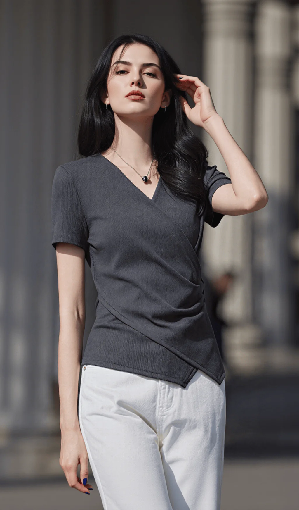Dark gray V - neck short - sleeve top with side draping, featuring a minimalist and elegant design, suitable for daily or light business wear.