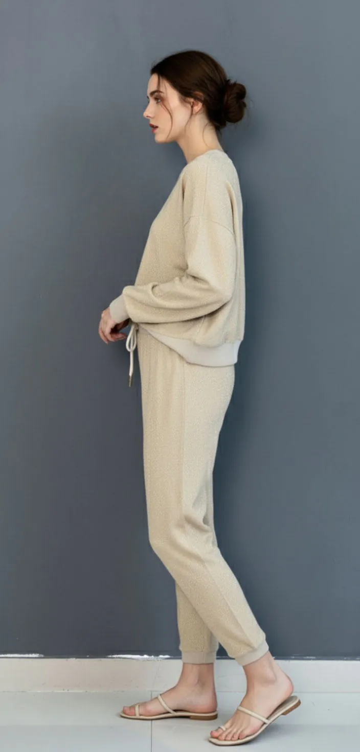 Light beige yarn dyed terry casual set with inside - out design and fleece - like finish (side view)
