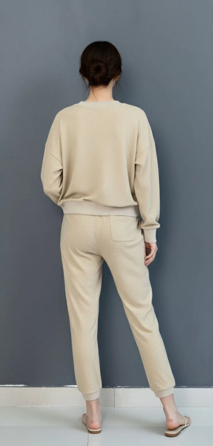Light beige yarn dyed terry casual set with inside - out design and fleece - like finish (back view)