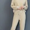 Light beige yarn dyed terry casual set with inside - out design and fleece - like finish (front view)