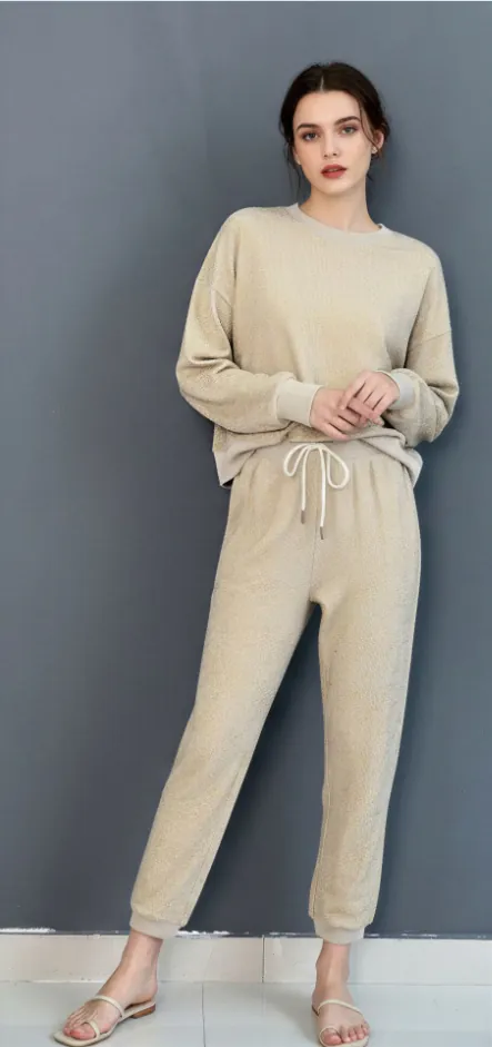 Light beige yarn dyed terry casual set with inside - out design and fleece - like finish (front view)