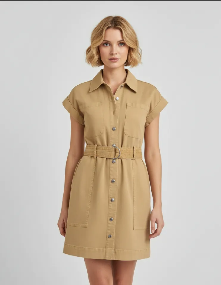 Khaki shirt dress with belt (front view)