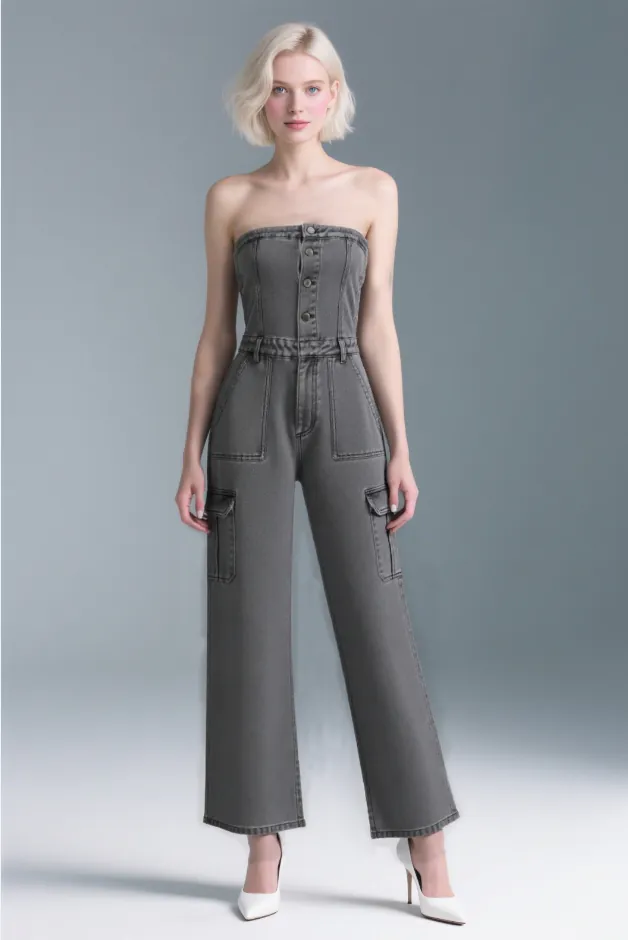 Dark gray strapless denim jumpsuit with white heels