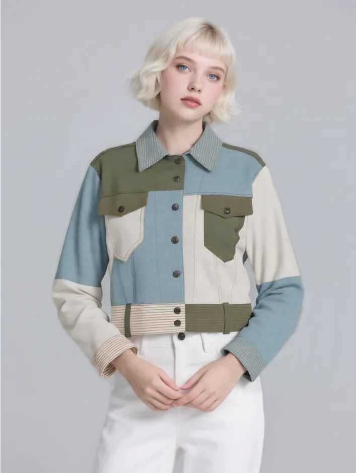 Dyed patchwork denim jacket with white bottoms (front view)