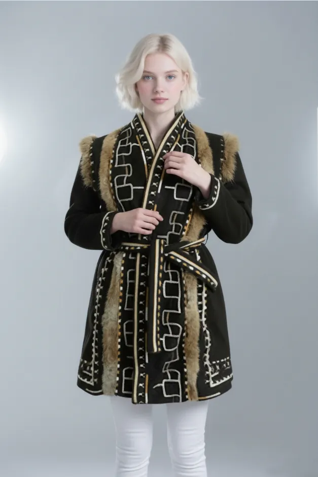 embroidered-coat-with-fur-trim-and-belt-front-view-model-display.jpg Model wearing embroidered coat with fur trim and belt