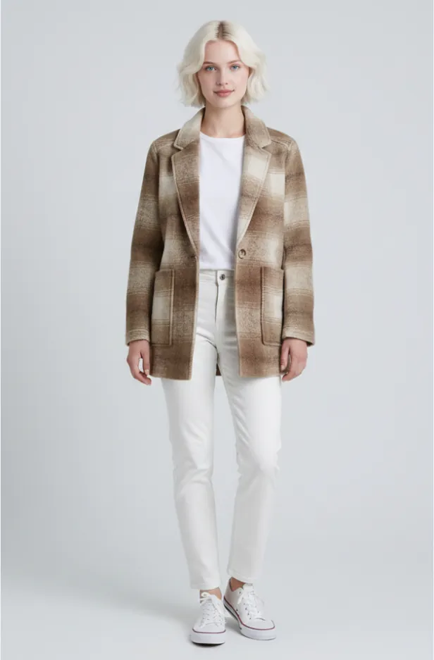 fuzzy-plaid-blazer-wool-blend-model-display.jpg Model wearing fuzzy plaid blazer (wool blend) with white top and pants